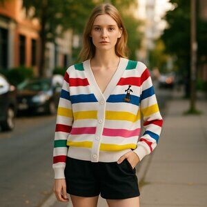 NWT Disney 100 Embroidered Striped Mickey Mouse Cardigan Sweater Size Large